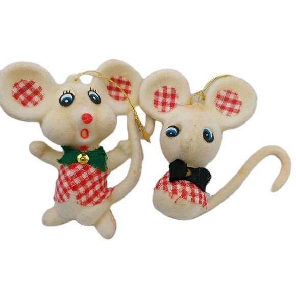 Flocked Christmas Mouse Ornament Mid Century MCM White Set Of 2 READ Vintage - Picture 1 of 7